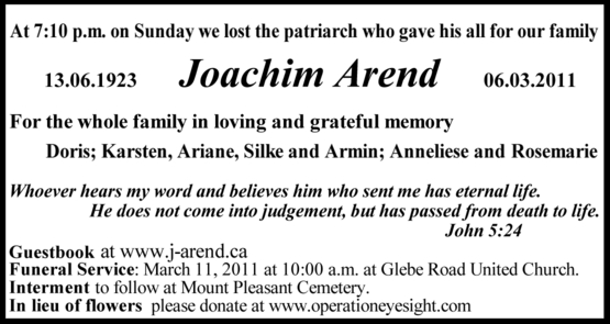 Todesanzeige für Joachim Arend in der Globe & Mail am 9. und 10. März 2011